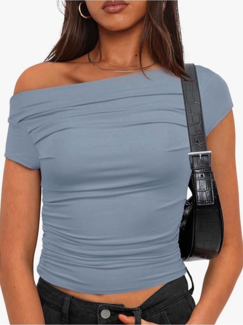 Off-Shoulder 🩵 Light Blue Women's Ruched Top - Picture 3 of 10